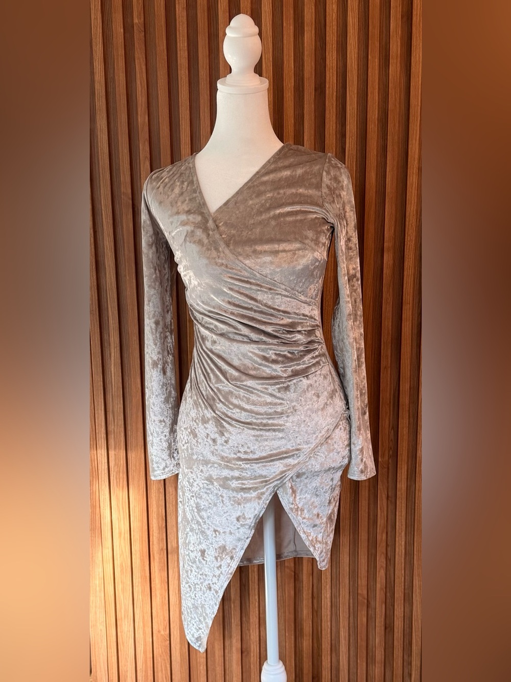 Asymmetrical Crushed Velvet Wrap Dress in Taupe
